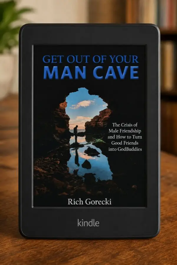 Get Out of Your Man Cave ebook displayed on a Kindle e-reader
